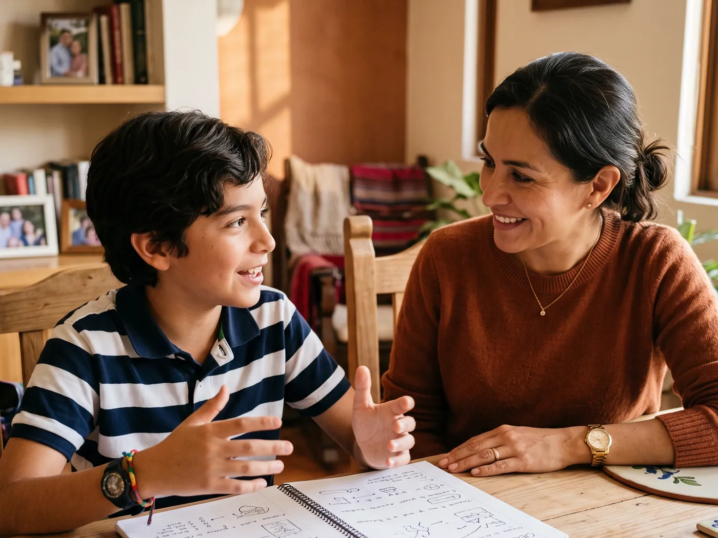 Una madre conversa con su hijo mientras él le explica una idea con una libreta delante.