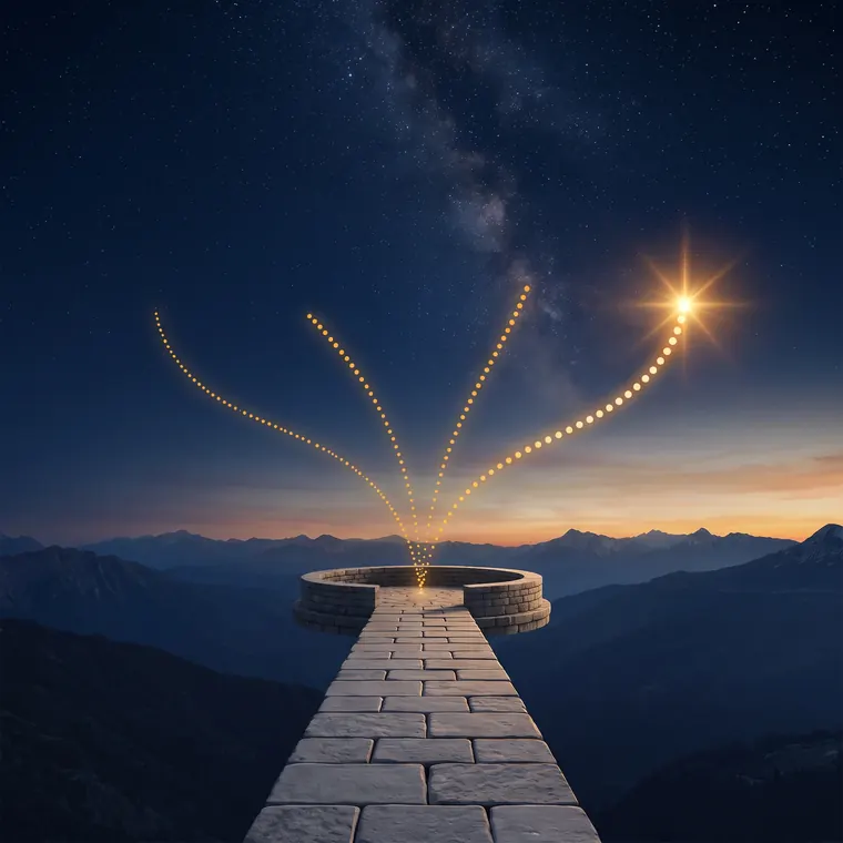 Un camino de piedra termina en un mirador del que nacen cuatro trayectorias de luz hacia el cielo estrellado.
