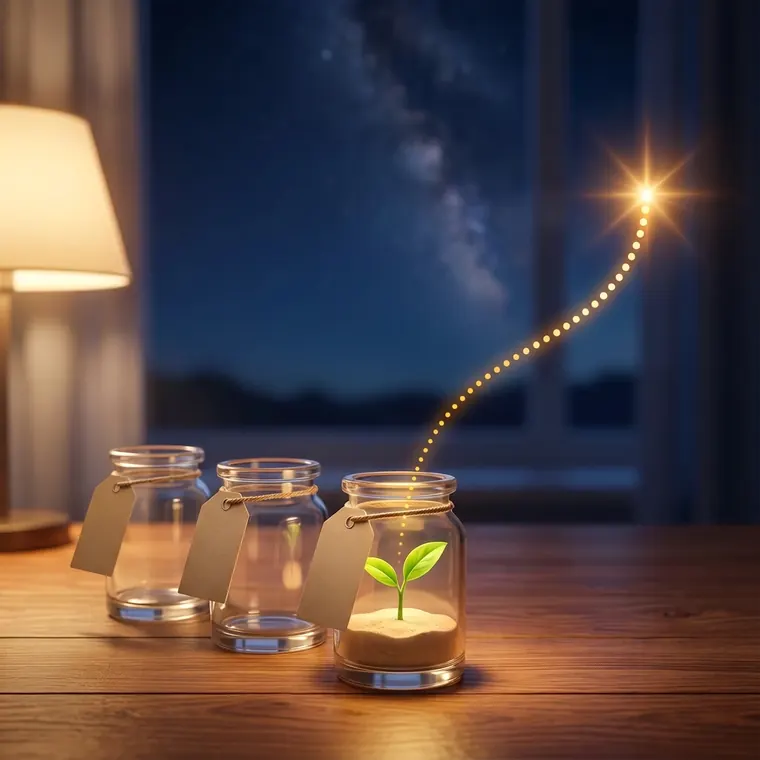 Tres botes de vidrio con etiquetas en blanco sobre una mesa de madera; del tercero brota una planta y una trayectoria de luz.
