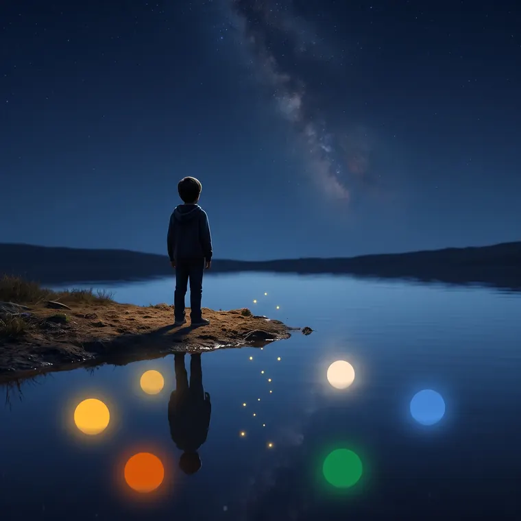 Un niño de espaldas frente a un lago nocturno; en el agua brillan seis luces de colores alrededor de su reflejo.