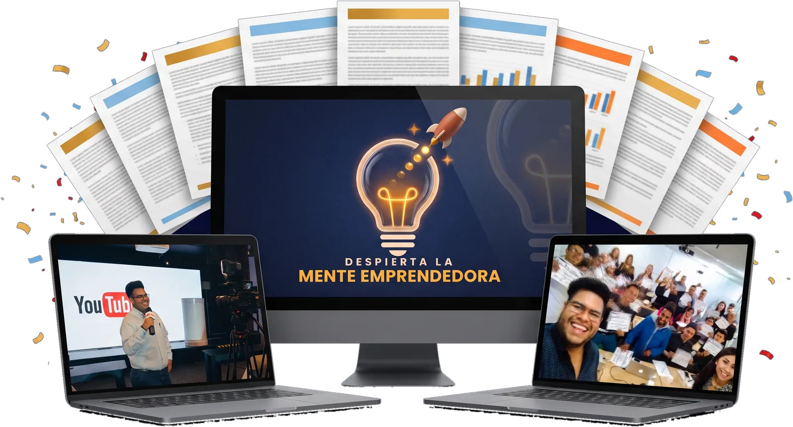 Un monitor muestra el logotipo de «Despierta la Mente Emprendedora» junto a dos laptops con fotografías reales de John Chávez dando clase.