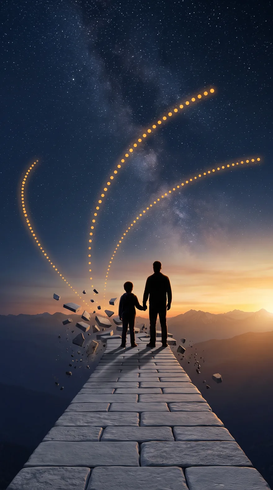 Un camino de piedra se deshace y de él nacen tres trayectorias de luz que suben al cielo; un padre y su hijo las miran.