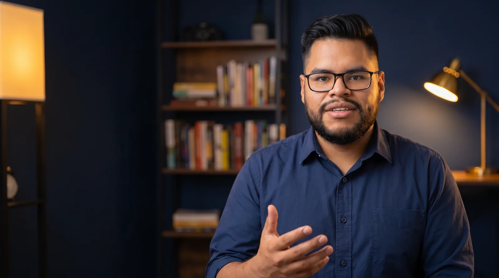 John Chávez habla a cámara en su estudio, frente a un librero.